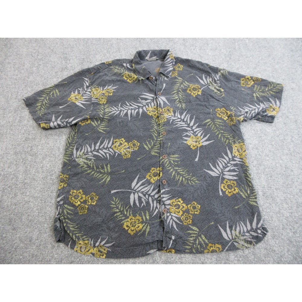 Tommy Bahama Shirt Mens 2XL Gray Yellow‎ Silk Floral Hawaiian Button Up Casual